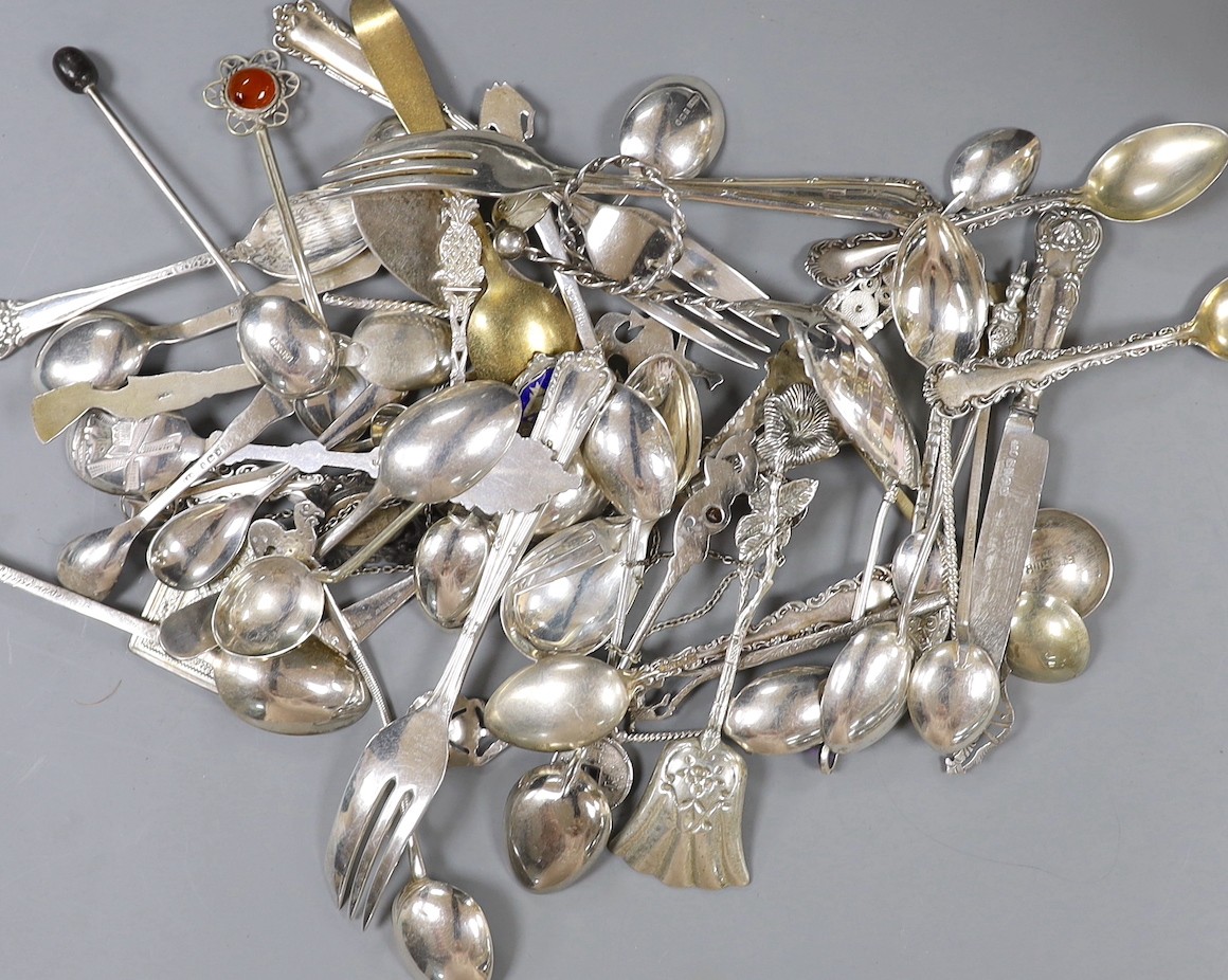 A small quantity of assorted small flatware including sterling, plated, silver and continental white metal including a David Andersen pickle fork.